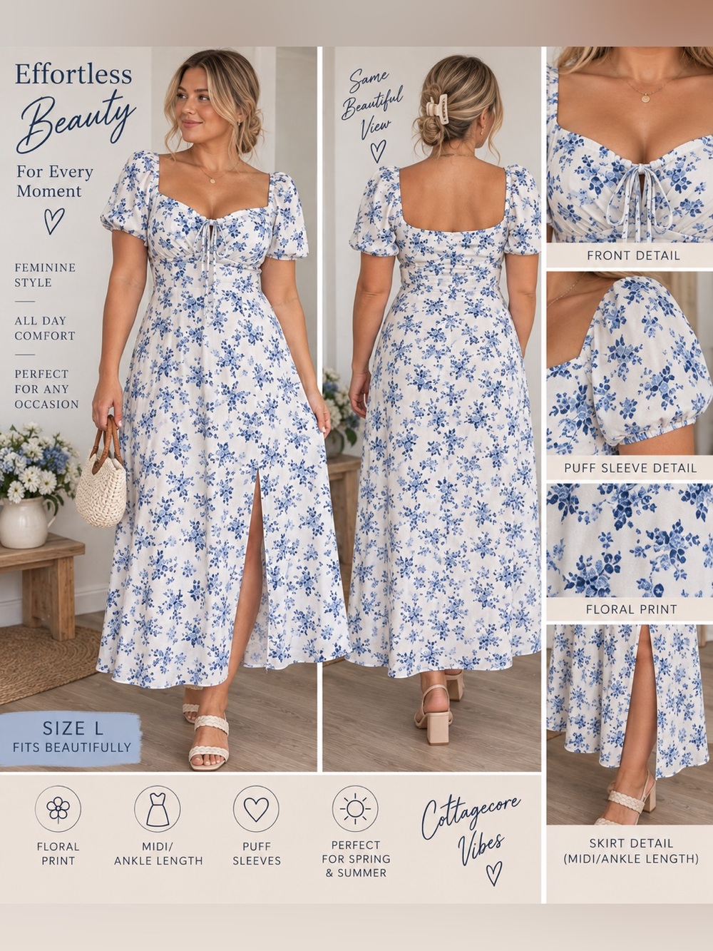 Blue & White Floral Puff Sleeve Midi Dress Size Large Cottagecore